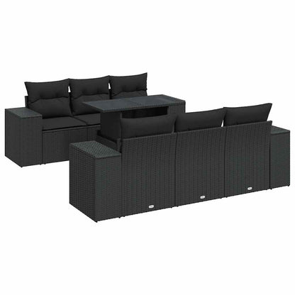 7-delige Loungeset met kussens poly rattan zwart