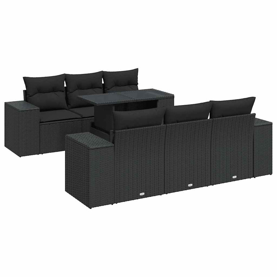 7-delige Loungeset met kussens poly rattan zwart