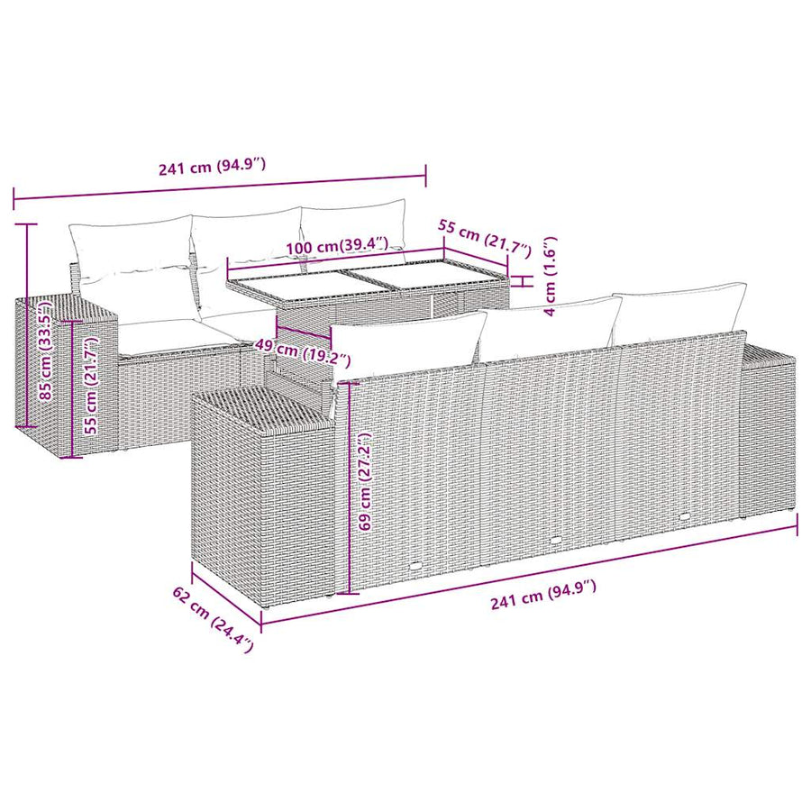 7-delige Loungeset met kussens poly rattan zwart
