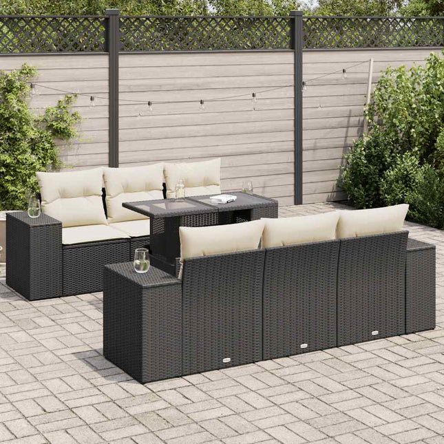 7-delige Loungeset met kussens poly rattan zwart