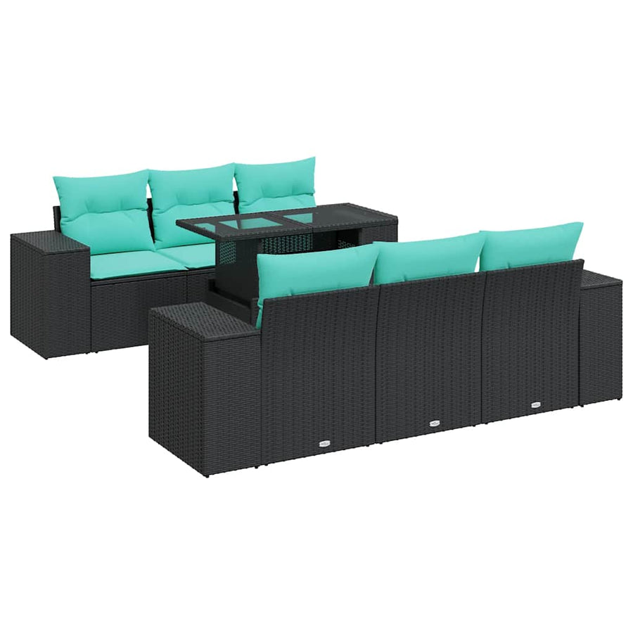 7-delige Loungeset met kussens poly rattan acacia zwart