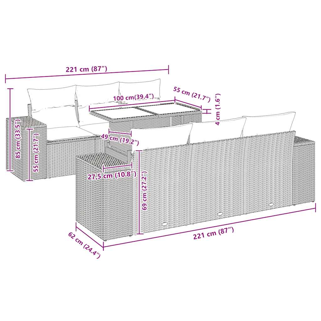 7-delige Loungeset met kussens poly rattan acacia zwart