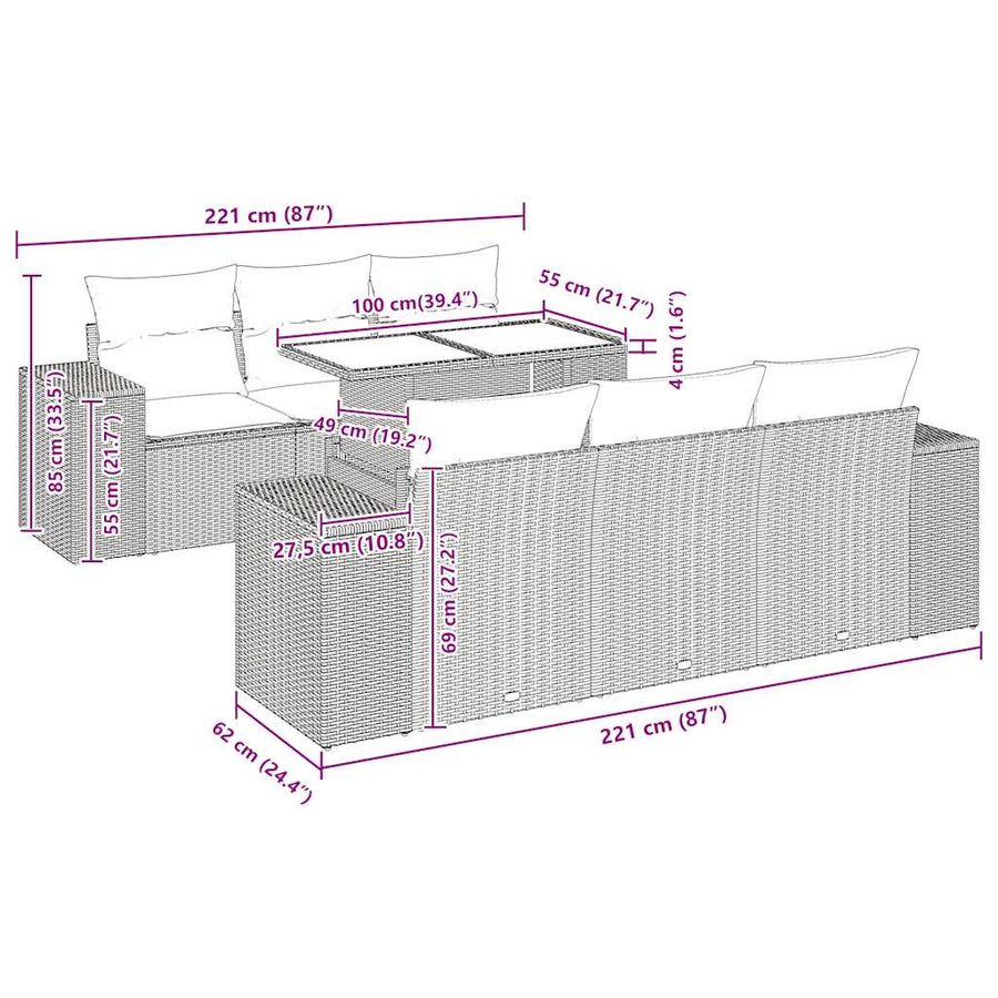 7-delige Loungeset met kussens poly rattan acacia zwart