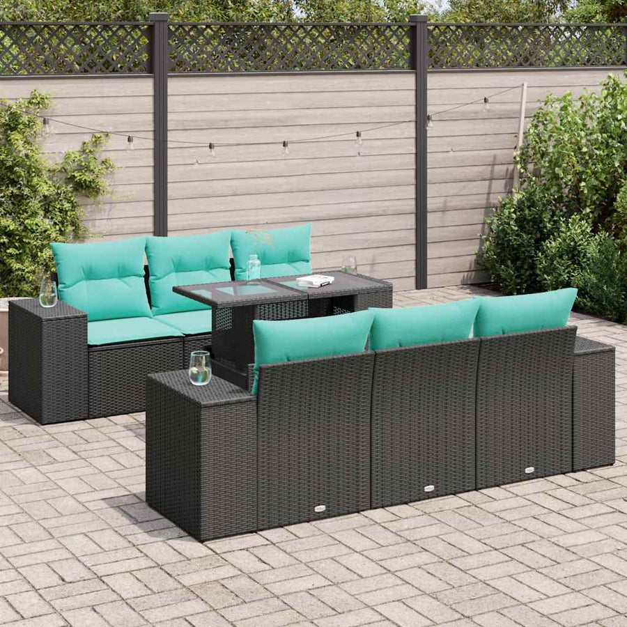7-delige Loungeset met kussens poly rattan acacia zwart