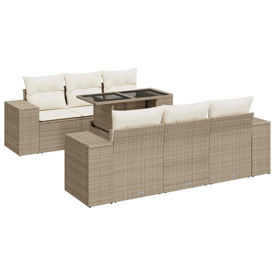 7-delige Loungeset met kussens poly rattan beige