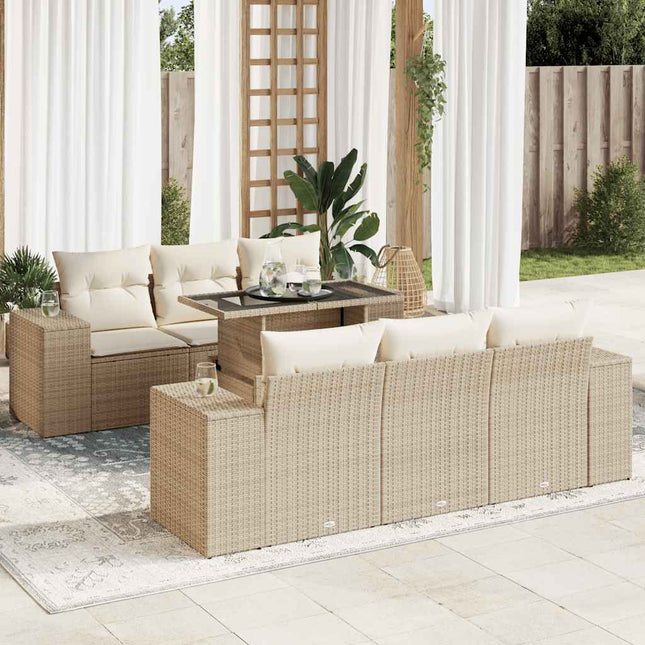 7-delige Loungeset met kussens poly rattan beige