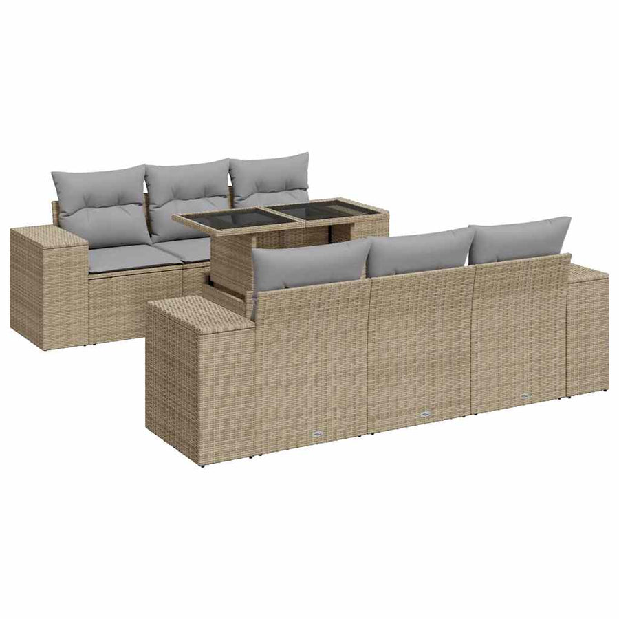 7-delige Loungeset met kussens poly rattan beige