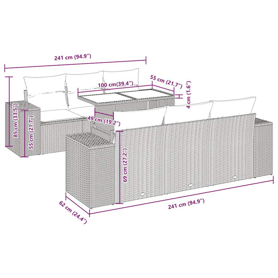 7-delige Loungeset met kussens poly rattan beige
