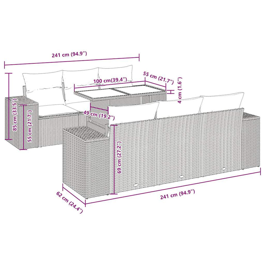 7-delige Loungeset met kussens poly rattan grijs