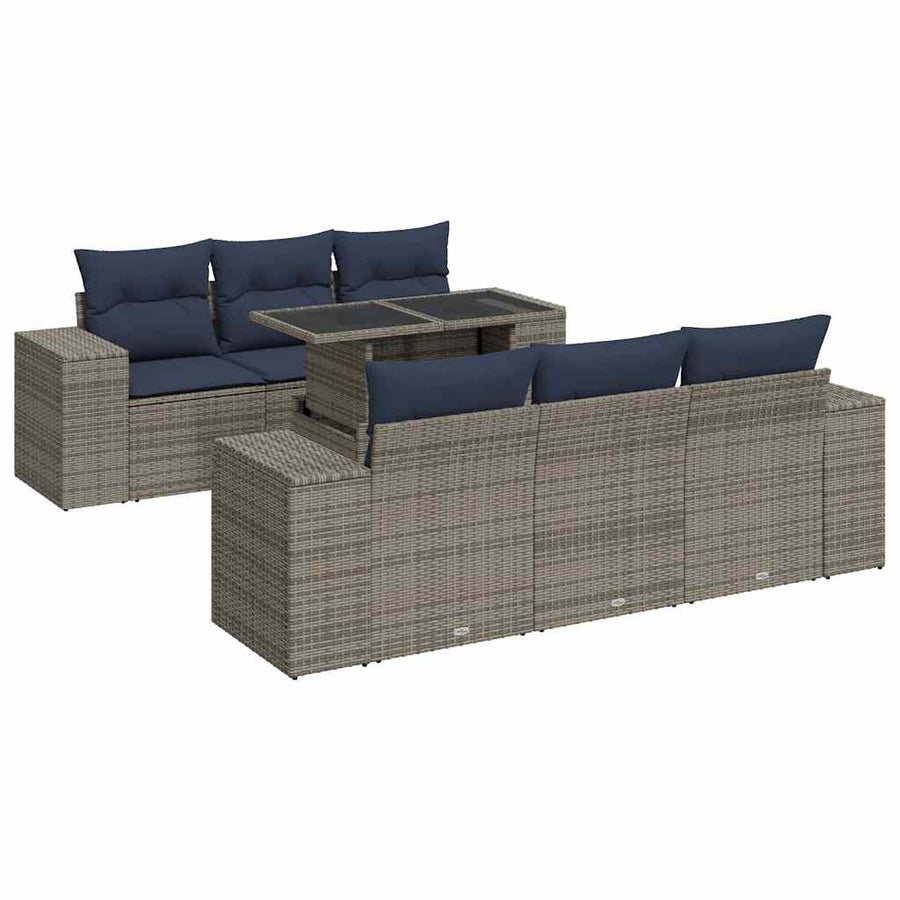 7-delige Loungeset met kussens poly rattan acacia grijs