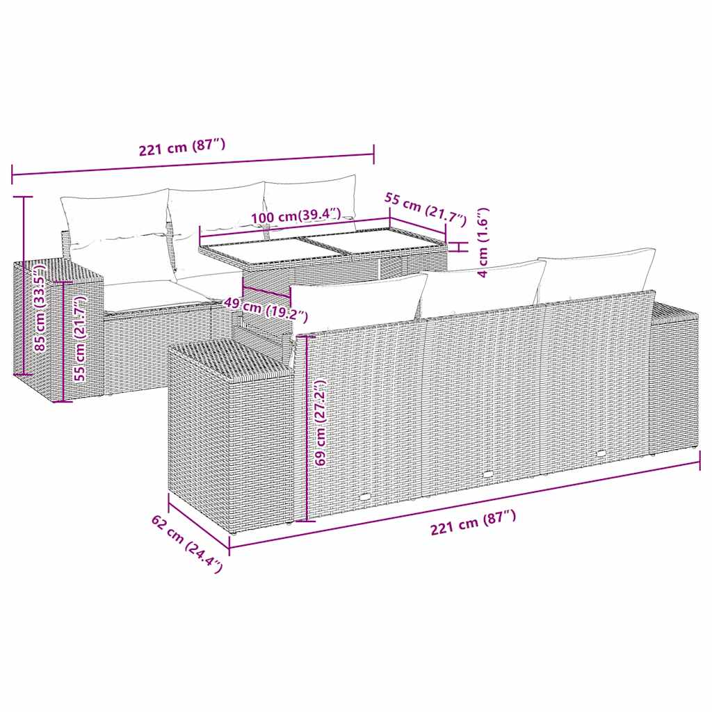 7-delige Loungeset met kussens poly rattan acacia grijs