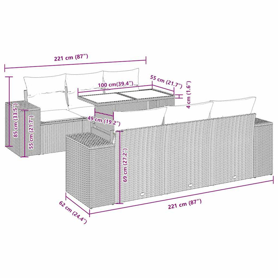 7-delige Loungeset met kussens poly rattan acacia grijs