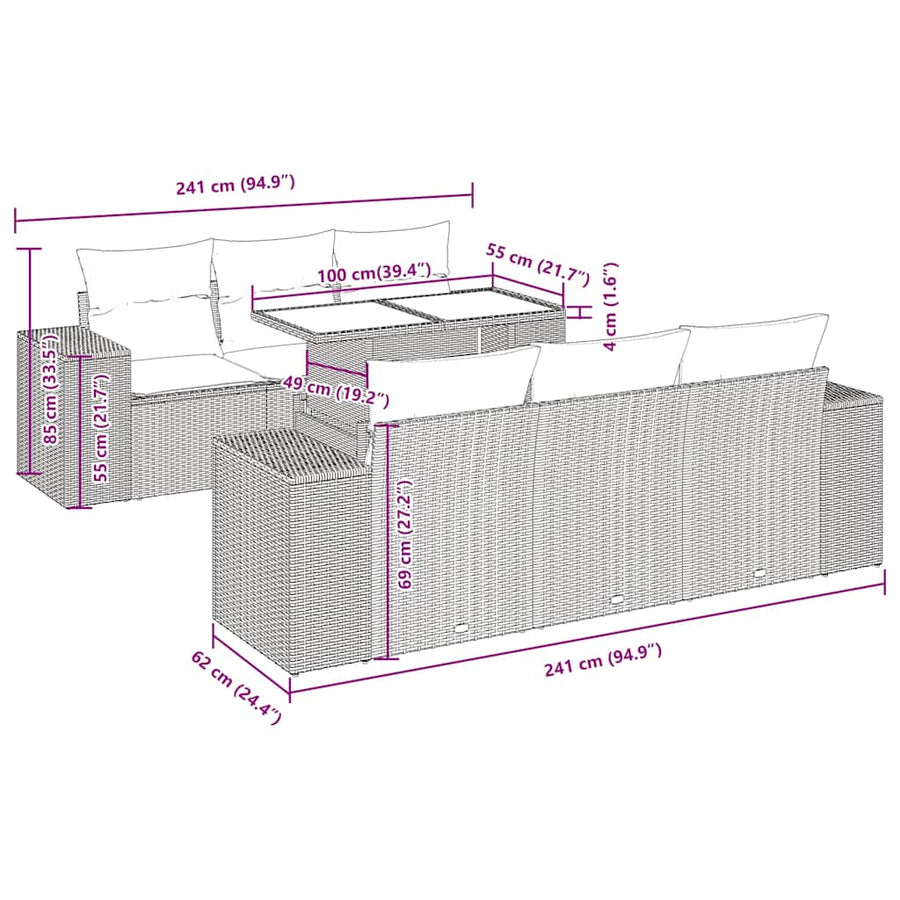 7-delige Loungeset met kussens poly rattan bruin