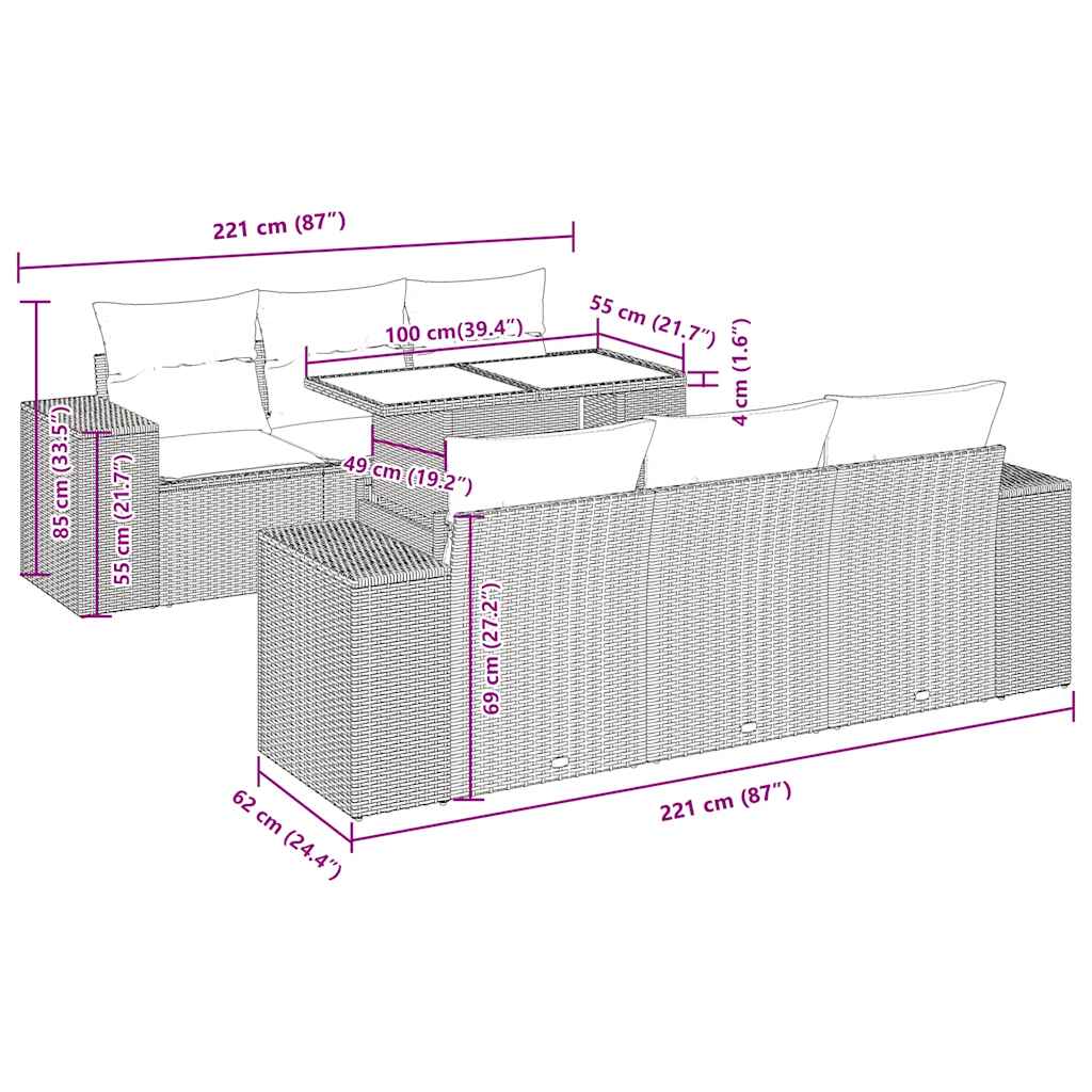 7-delige Loungeset met kussens poly rattan acacia bruin