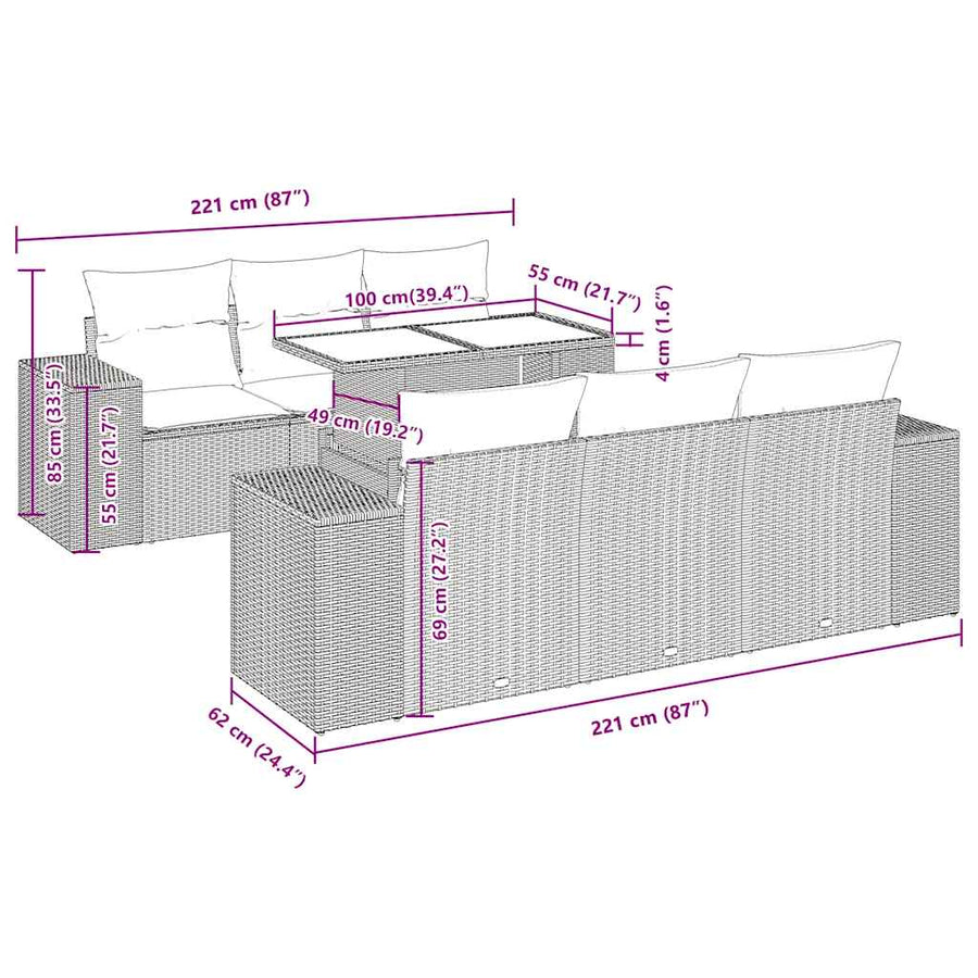 7-delige Loungeset met kussens poly rattan acacia bruin