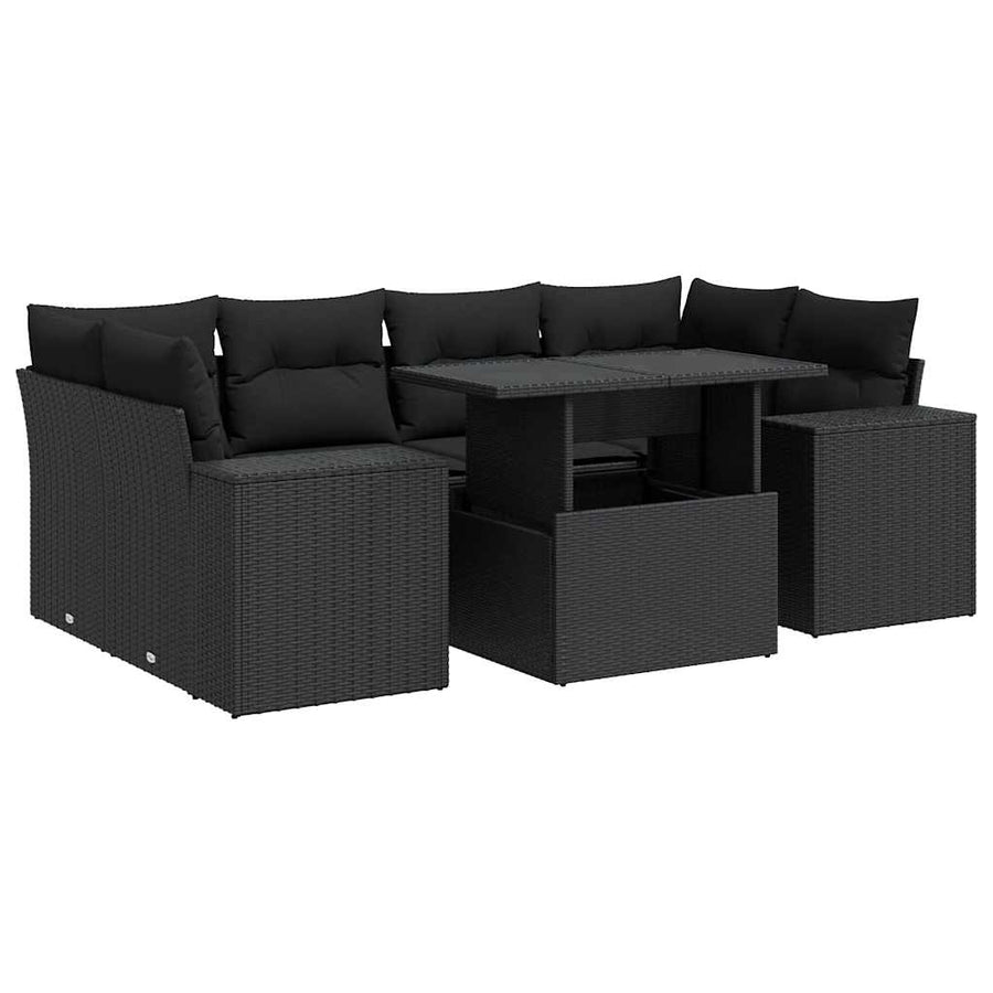 7-delige Loungeset met kussens poly rattan zwart