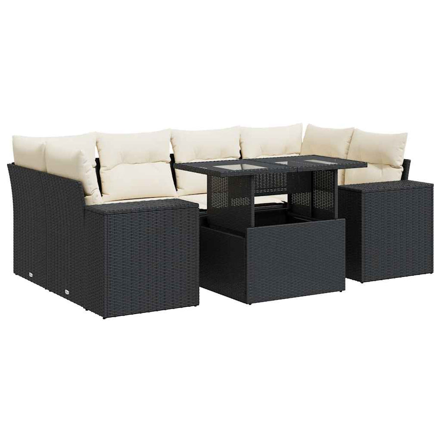 7-delige Loungeset met kussens poly rattan zwart