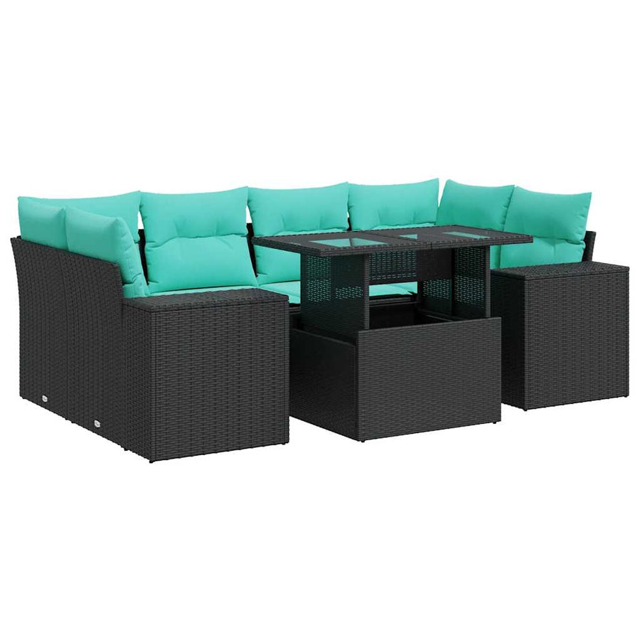 7-delige Loungeset met kussens poly rattan acacia zwart