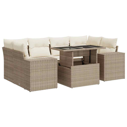 7-delige Loungeset met kussens poly rattan beige