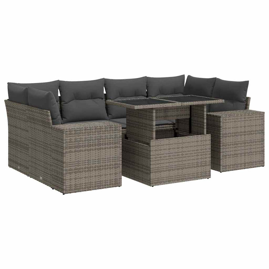 7-delige Loungeset met kussens poly rattan grijs