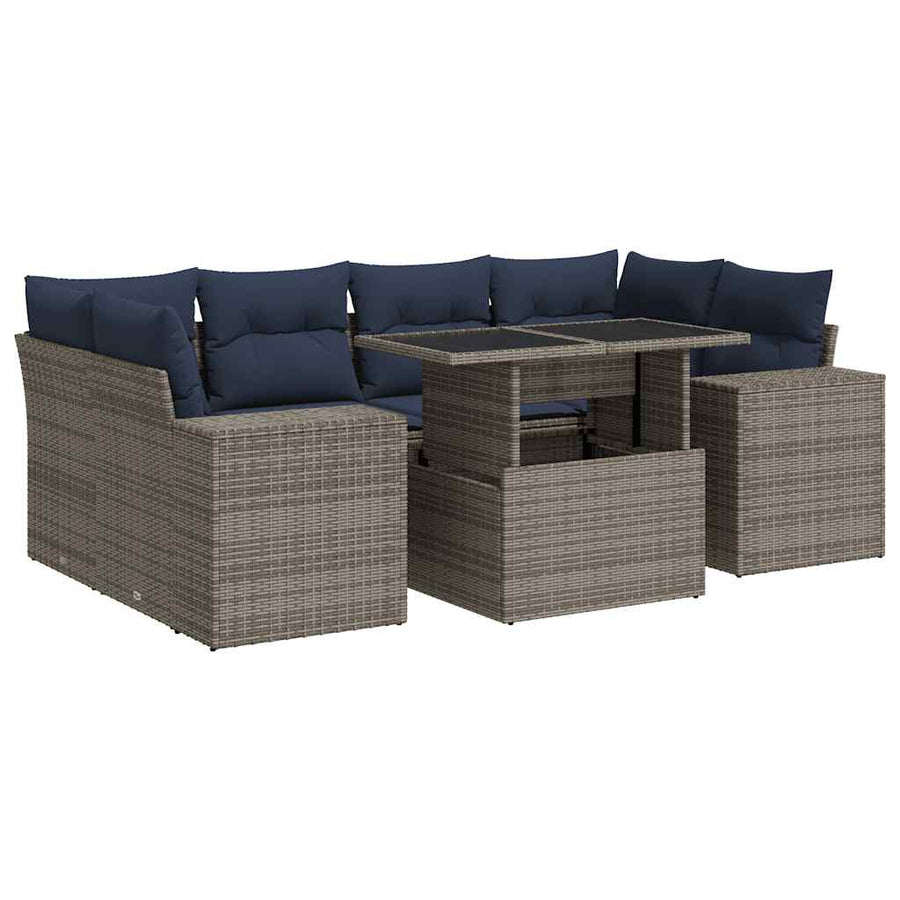 7-delige Loungeset met kussens poly rattan acacia grijs