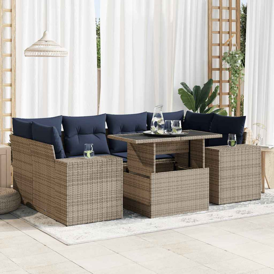 7-delige Loungeset met kussens poly rattan acacia grijs