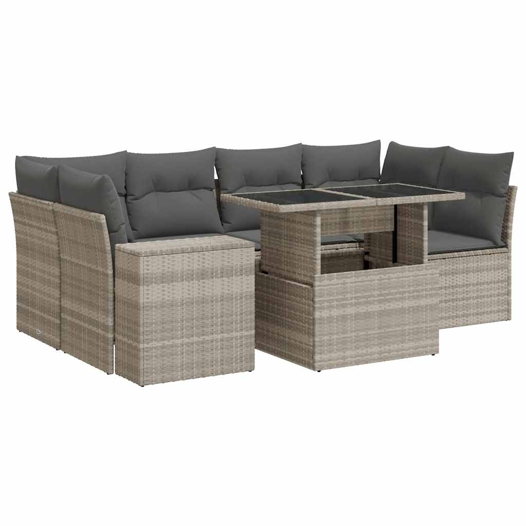 7-delige Loungeset met kussens poly rattan lichtgrijs
