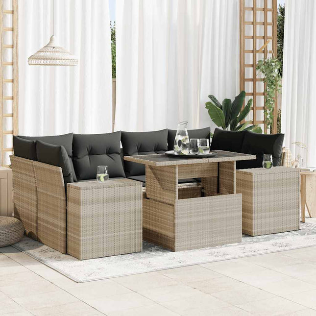 7-delige Loungeset met kussens poly rattan lichtgrijs