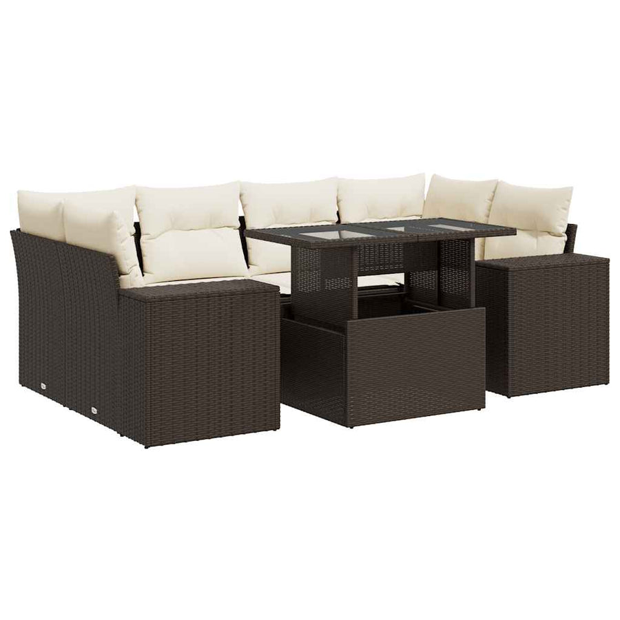 7-delige Loungeset met kussens poly rattan bruin