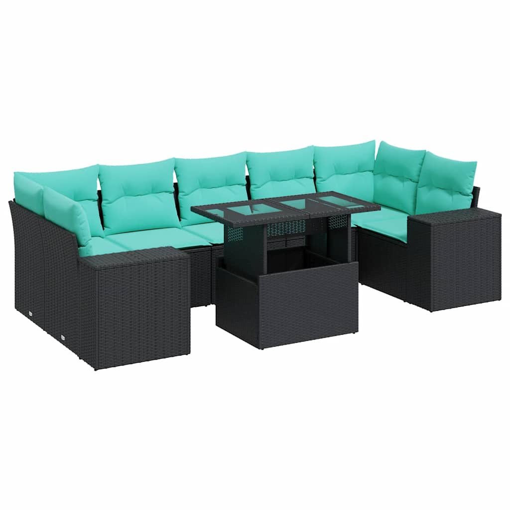 8-delige Loungeset met kussens poly rattan acacia zwart