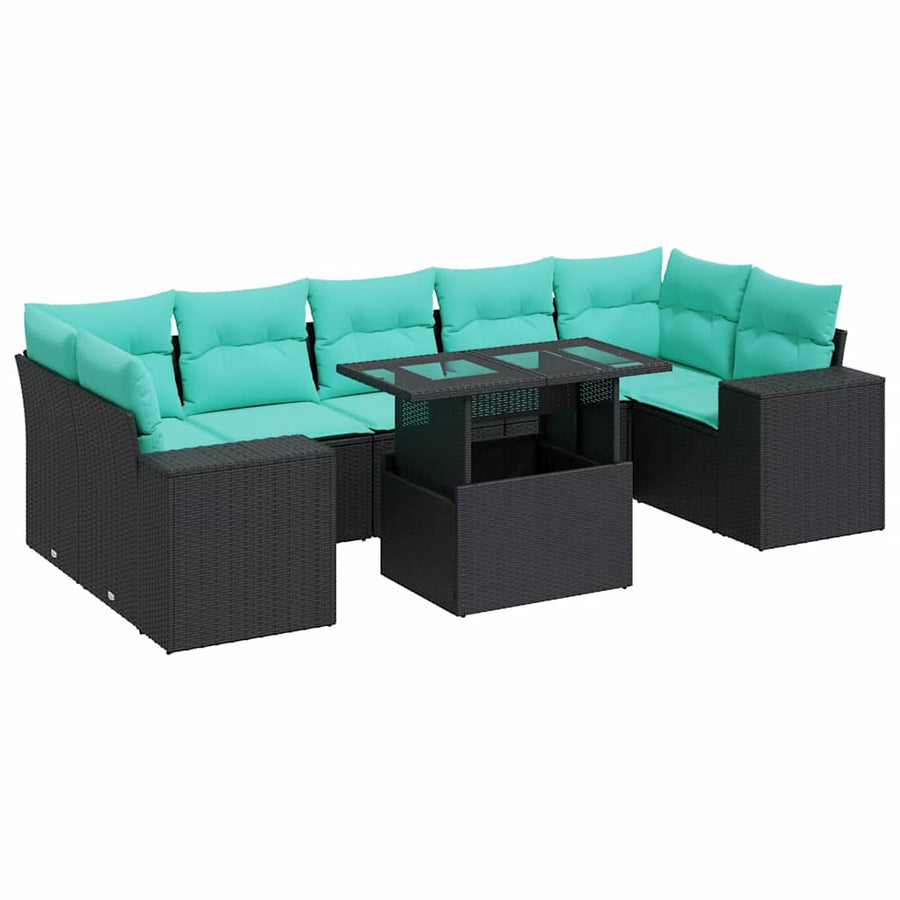 8-delige Loungeset met kussens poly rattan acacia zwart