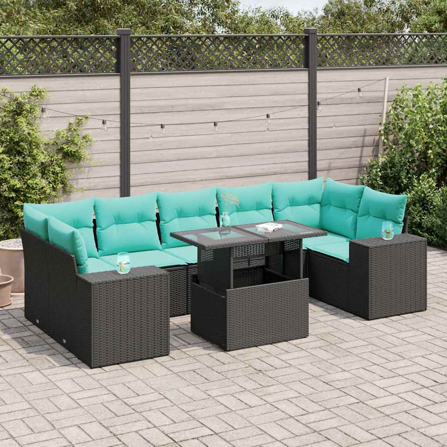 8-delige Loungeset met kussens poly rattan acacia zwart