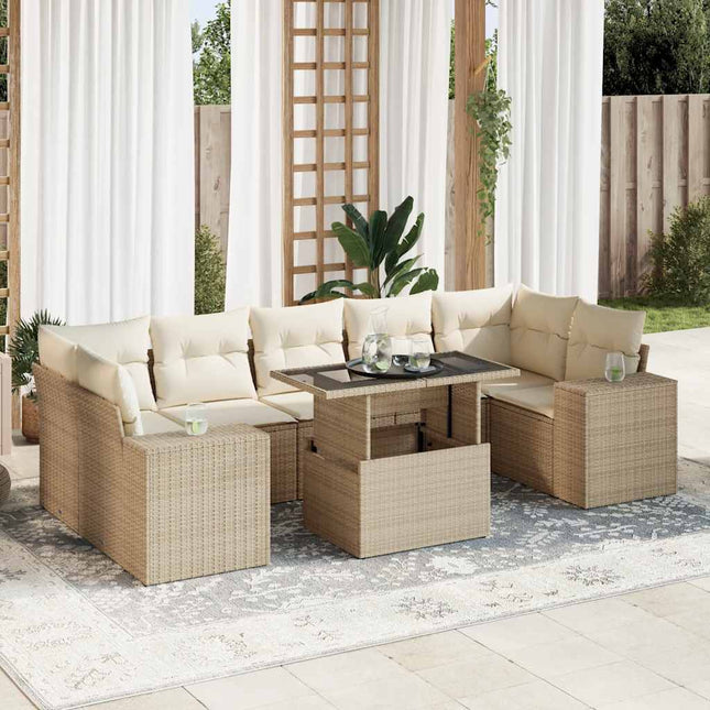 8-delige Loungeset met kussens poly rattan beige