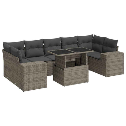 8-delige Loungeset met kussens poly rattan grijs