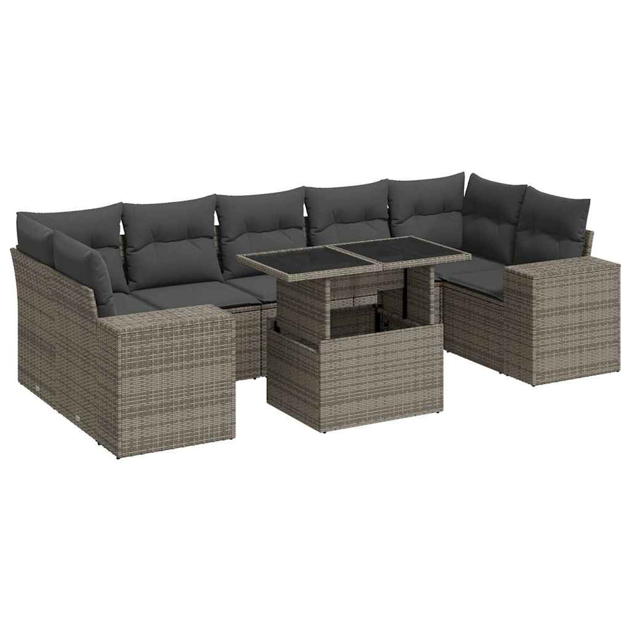 8-delige Loungeset met kussens poly rattan grijs