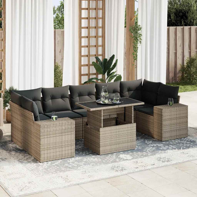 8-delige Loungeset met kussens poly rattan grijs