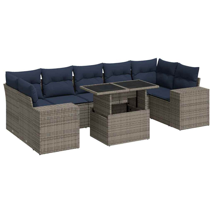 8-delige Loungeset met kussens poly rattan acacia grijs