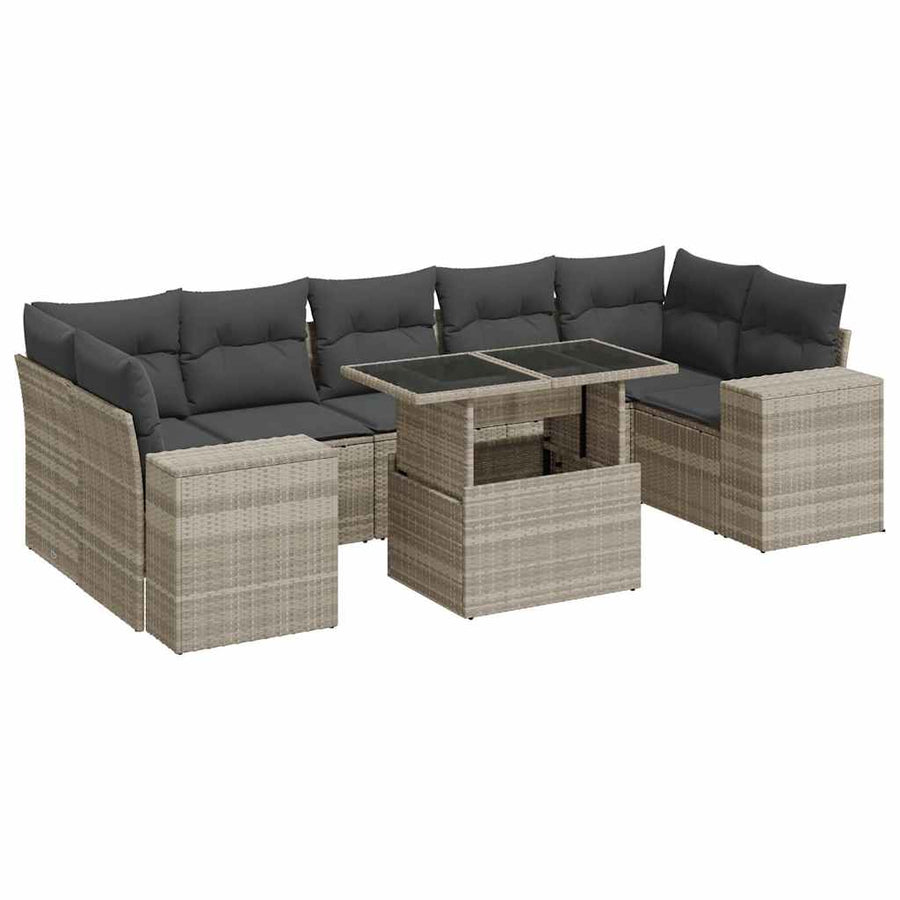8-delige Loungeset met kussens poly rattan lichtgrijs