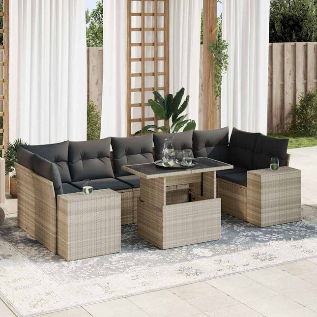 8-delige Loungeset met kussens poly rattan lichtgrijs