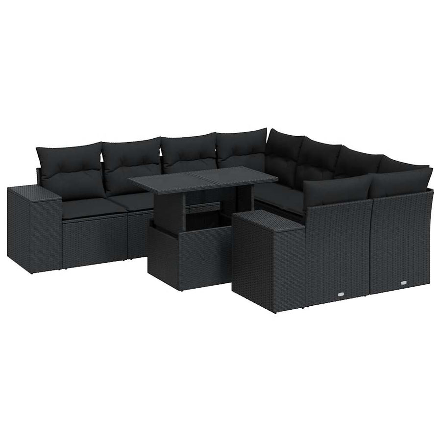 9-delige Loungeset met kussens poly rattan zwart