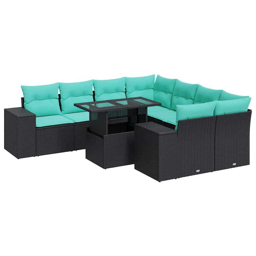 9-delige Loungeset met kussens poly rattan acacia zwart