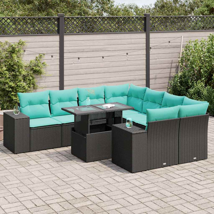 9-delige Loungeset met kussens poly rattan acacia zwart