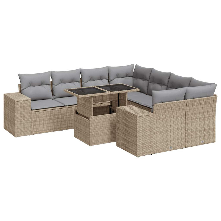 9-delige Loungeset met kussens poly rattan beige