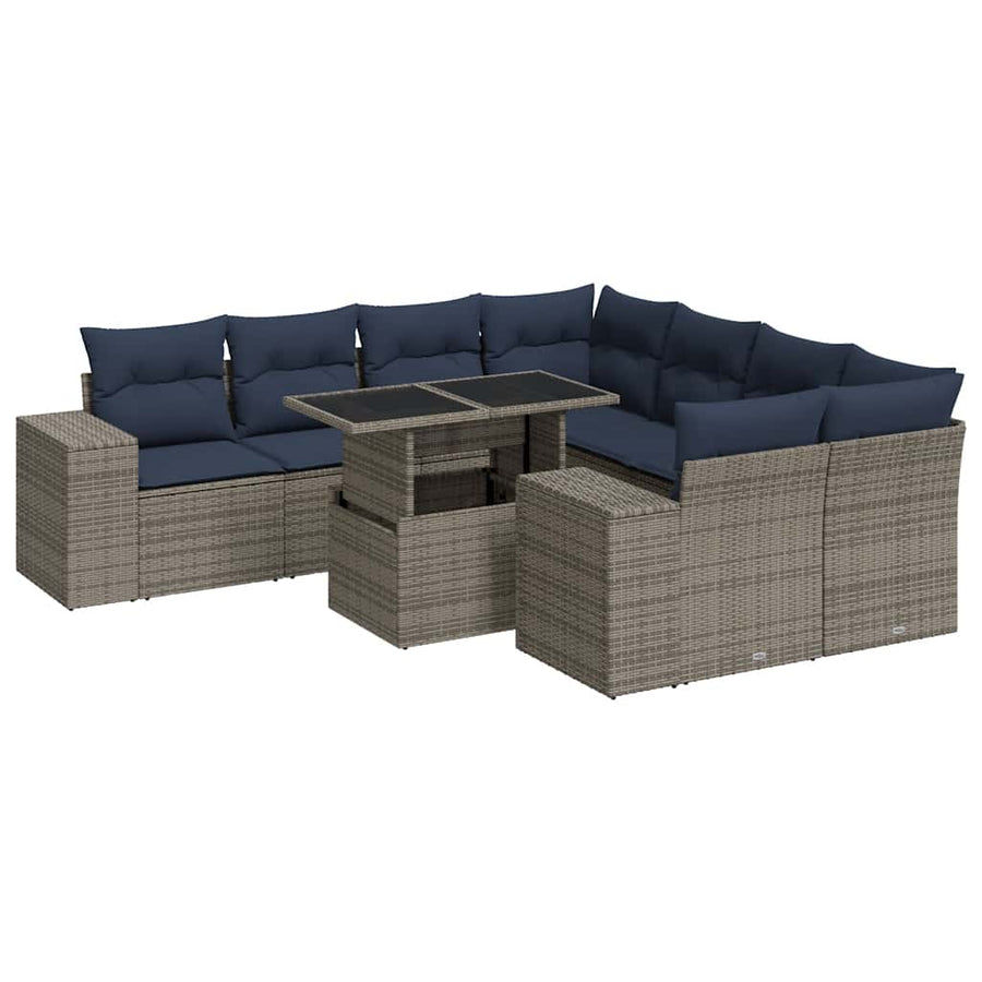 9-delige Loungeset met kussens poly rattan acacia grijs