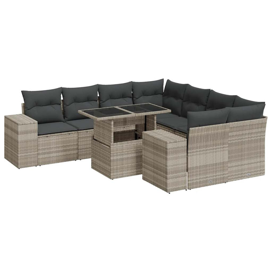 9-delige Loungeset met kussens poly rattan lichtgrijs