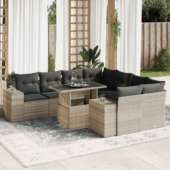 9-delige Loungeset met kussens poly rattan lichtgrijs