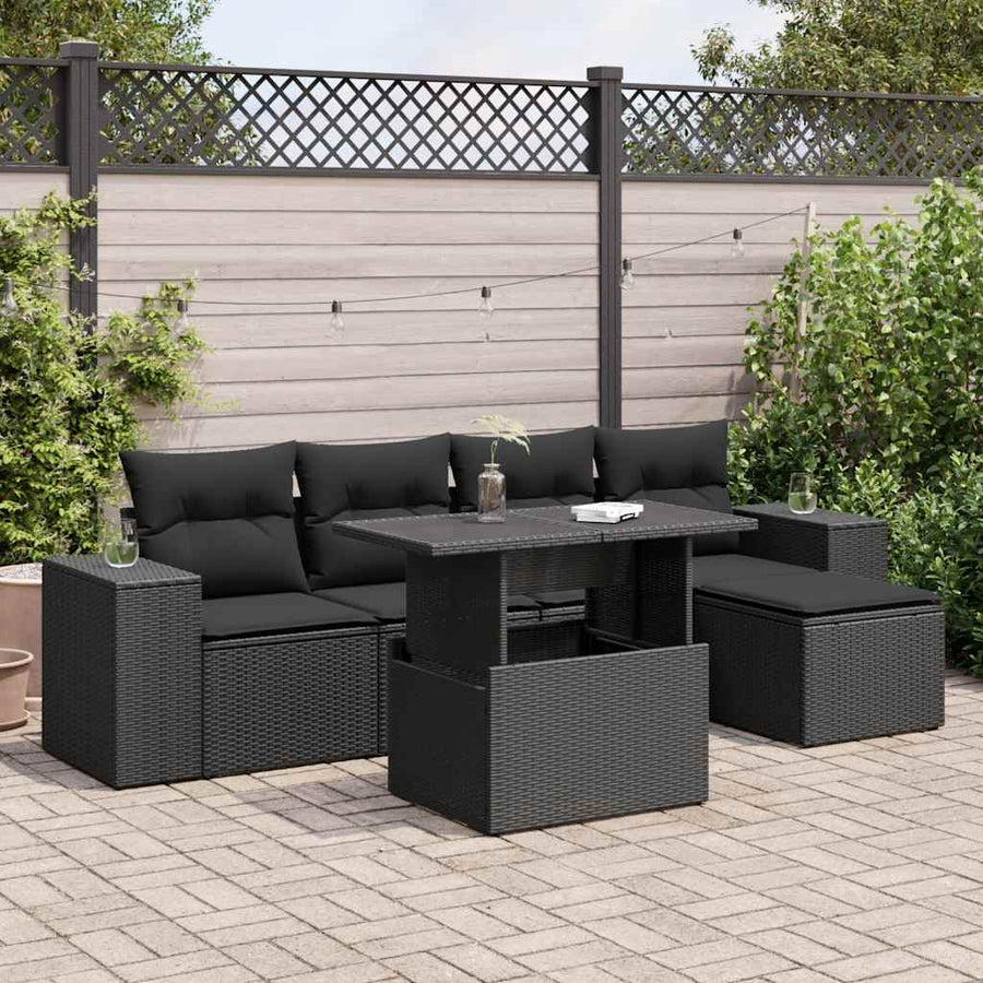 6-delige Loungeset met kussens poly rattan zwart