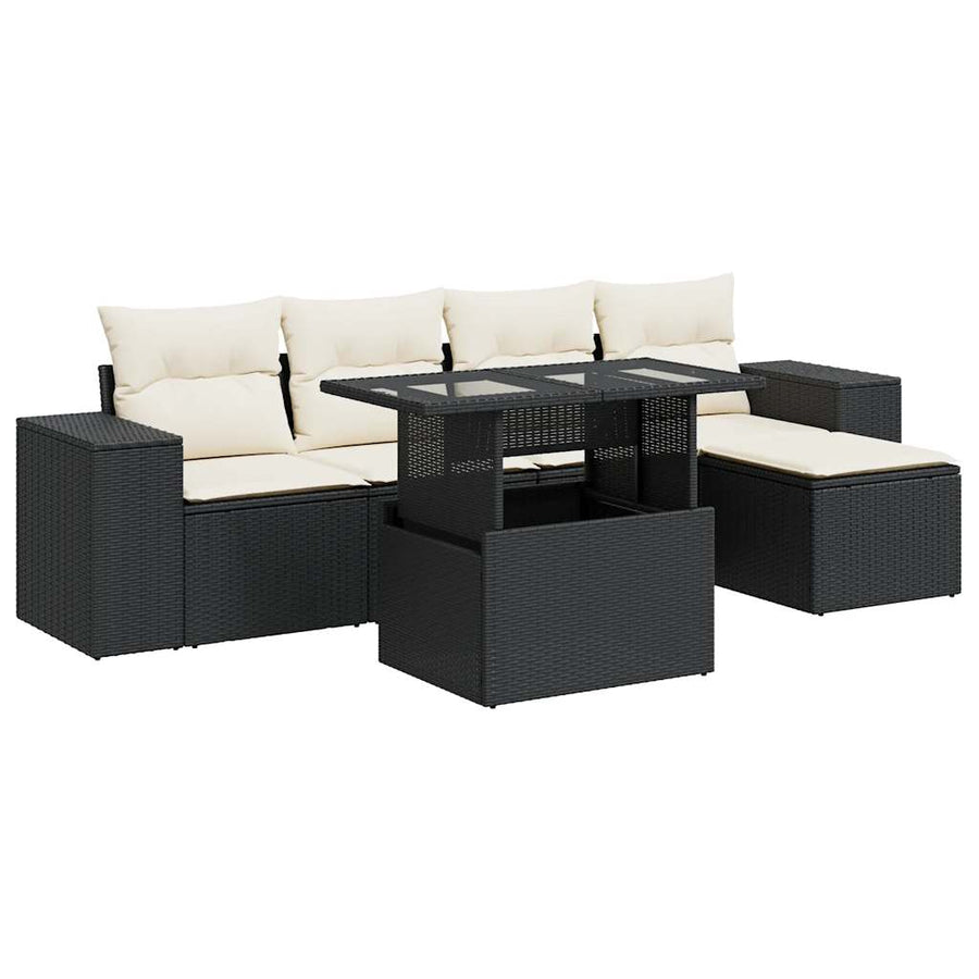 6-delige Loungeset met kussens poly rattan zwart