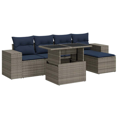 6-delige Loungeset met kussens poly rattan acacia grijs