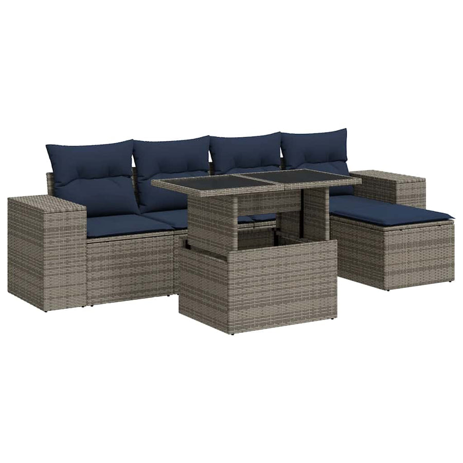 6-delige Loungeset met kussens poly rattan acacia grijs